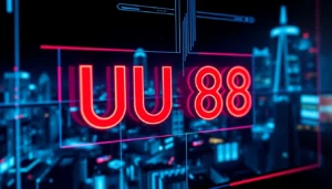 Modern digital interface showcasing UU 88 branding with vibrant neon lights and futuristic cityscape background, symbolizing online gaming and entertainment.