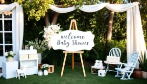 Vibrant baby shower welcome sign with charming floral design, greeting guests warmly at the entrance.