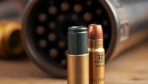 Detailed shot of a 32 WIN cartridge with vintage rifle in background, emphasizing historical firearm ammunition craftsmanship.