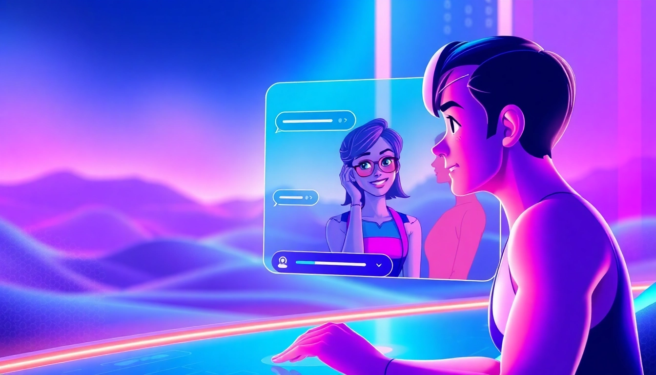 Futuristic digital scene of AI chat environment with expressive virtual characters and vibrant neon colors.
