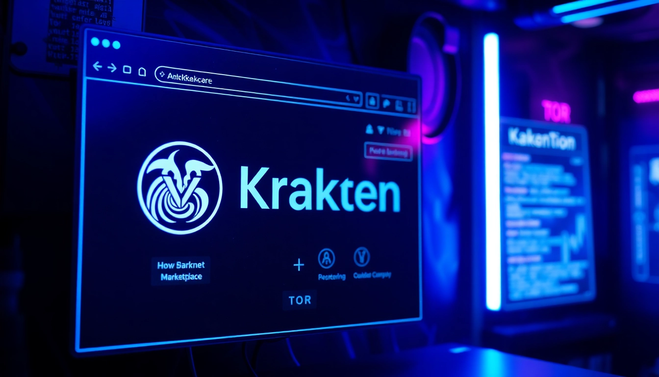 Guide for кракен вход: secure access via darknet browser with TOR, showing encrypted connection symbols and Kraken branding for safe navigation.