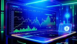 Secure crypto exchange platform with blockchain graphics and trading charts for digital assets