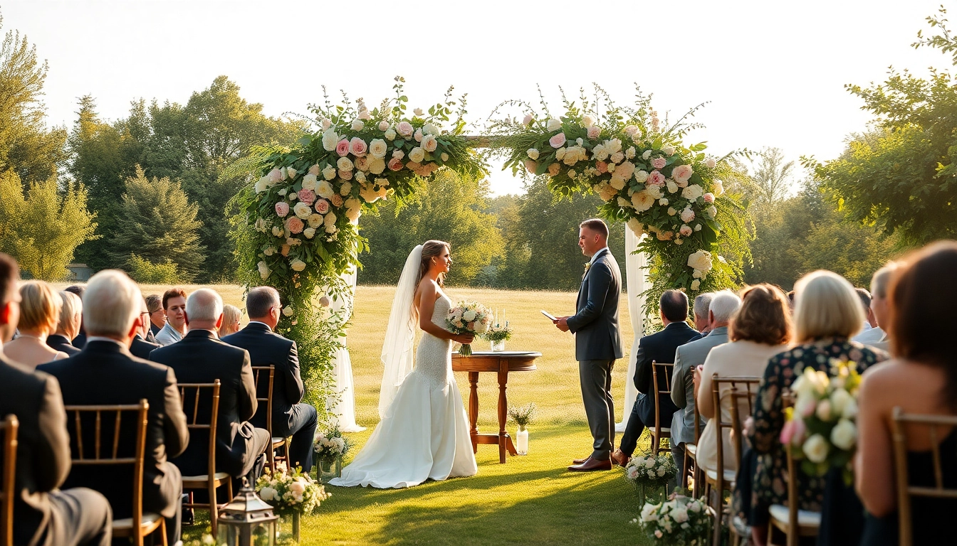 Photographe mariage Liège capturing candid moments of a couple during their outdoor wedding ceremony in a scenic garden setting.
