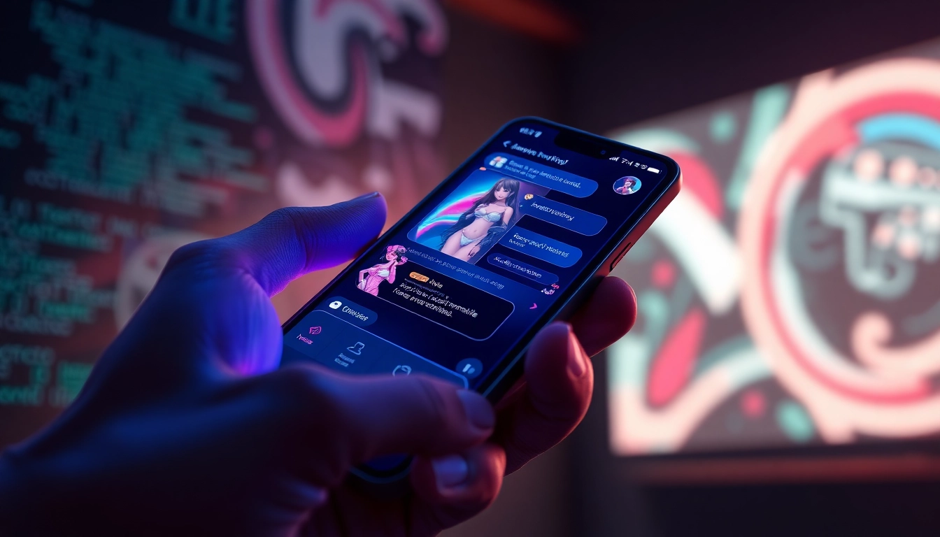 An illustration of a smartphone displaying an AI sexting app with vibrant graphics and suggestive visuals in a dimly lit room.