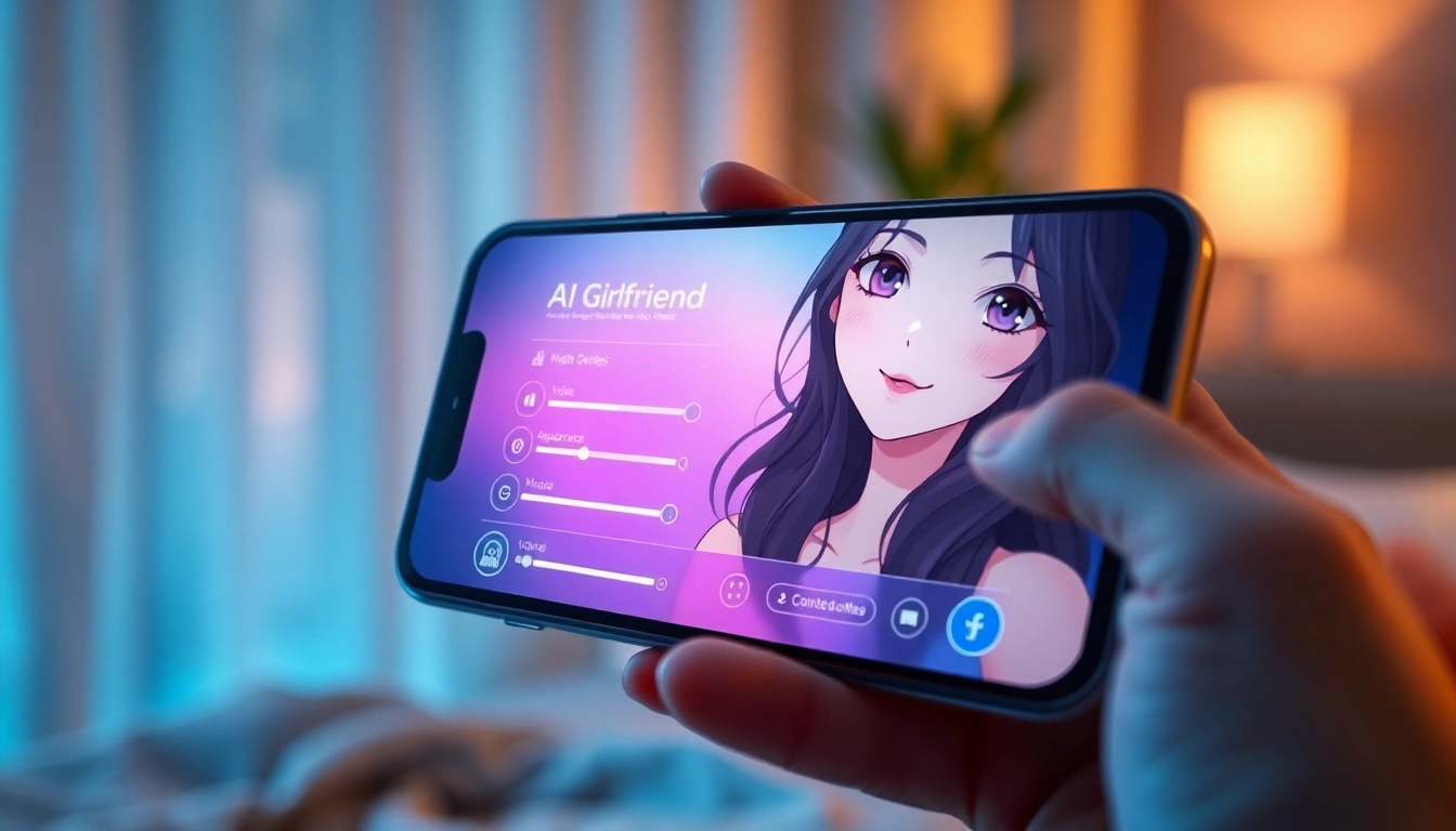 A futuristic smartphone displaying a realistic anime-style AI girlfriend interface in a cozy room setting.