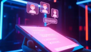 Futuristic AI chatbot interface with holographic avatars and digital elements in a high-tech environment