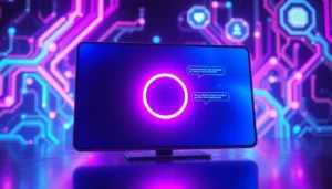 Futuristic AI chatbot interface with neon colors and holographic elements.