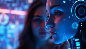 AI girlfriend engaging in a vivid, unfiltered NSFW chat on a responsive device screen, emphasizing realism and intimacy.