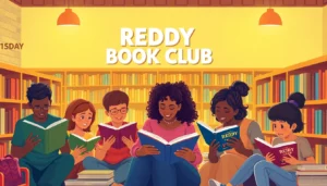Engaged readers participating in the REDDY BOOK CLUB, fostering community and shared love for books, with inviting library ambiance.