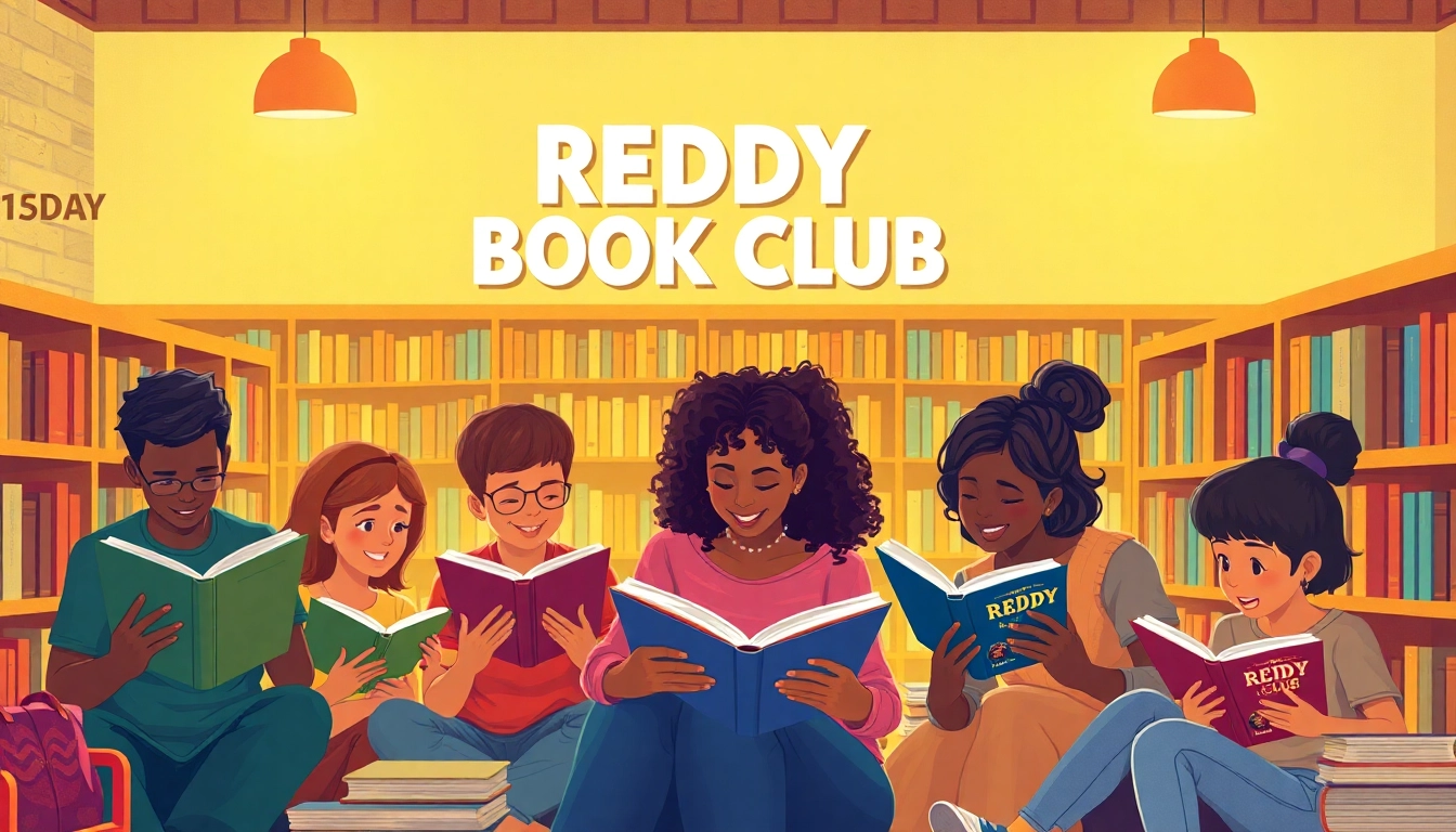 Engaged readers participating in the REDDY BOOK CLUB, fostering community and shared love for books, with inviting library ambiance.