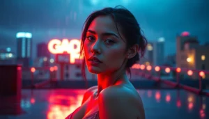 NSFW AI Image Generator portrait with cinematic neon lighting and emotional depth on a rooftop.