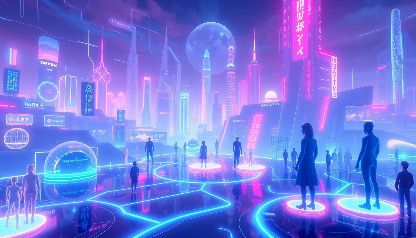 Metaverse News highlights in a vibrant virtual world with holograms and avatars supporting