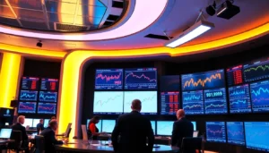 Business News update showing a professional newsroom with charts and journalists analyzing