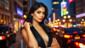 Professional image showing a confident escort woman in city attire engaging viewers