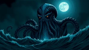 Intricate illustration of a legendary kraken for emphasizing its massive tentacles and glowing