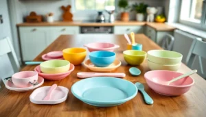 Child using a baby feeding set for weaning with silicone plates and utensils in a bright