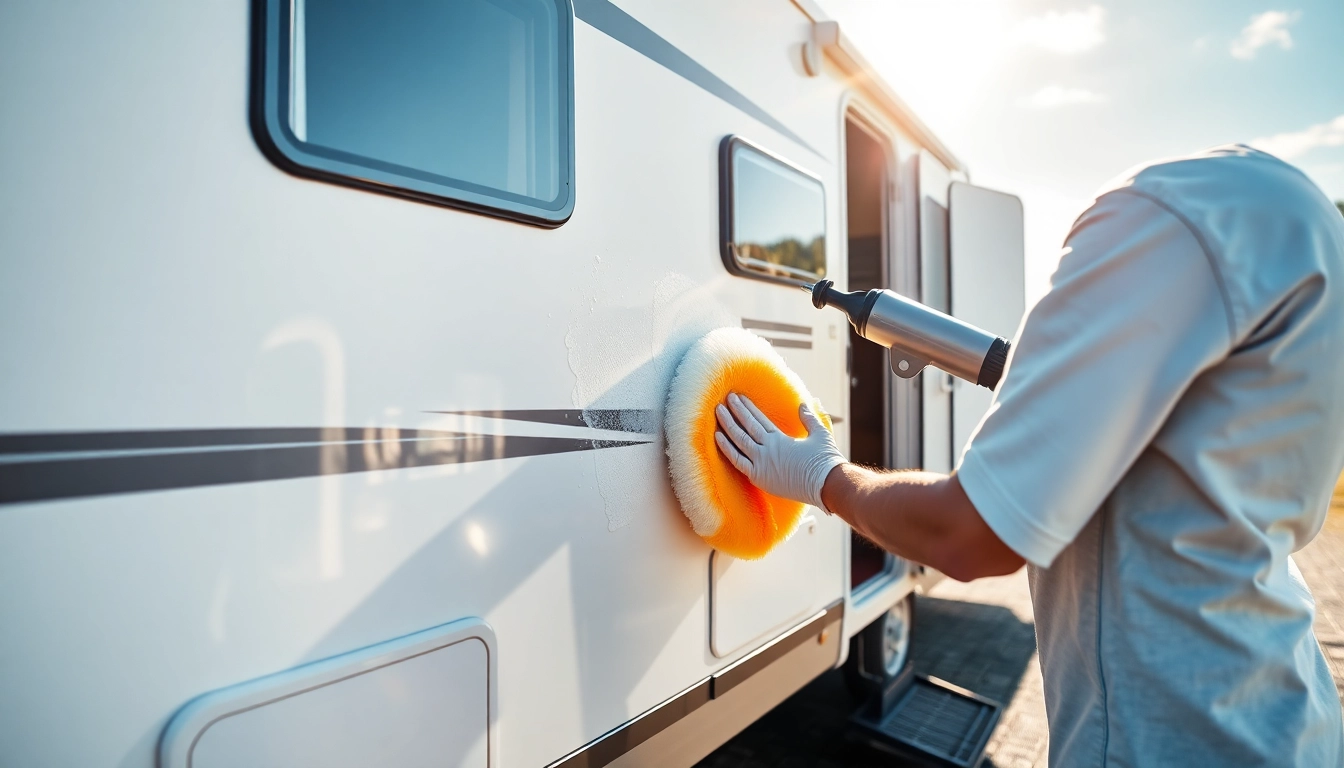 Professional applying Wohnmobil Politursiegelung to protect and enhance camper's shine and